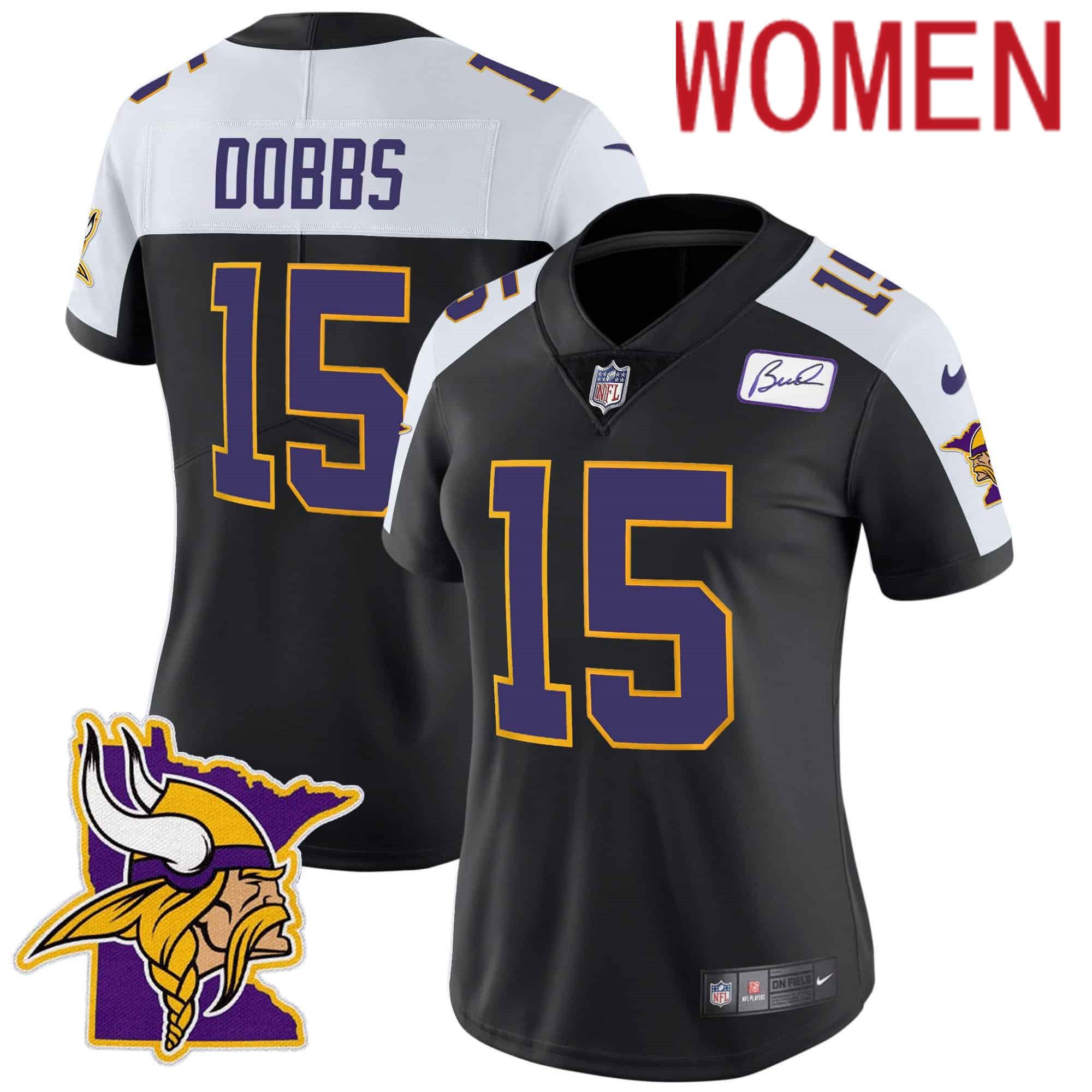 Women Minnesota Vikings #15 Dobbs Black 2024 Nike Prince Vapor Limited NFL Jersey style 1->women nfl jersey->Women Jersey